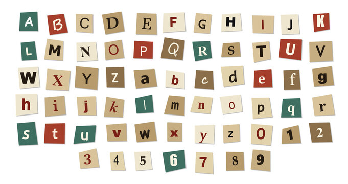 Black and red ransom note style uppercase and lowercase alphabet with numbers, isolated on a transparent background