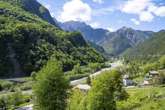 Mountain landscape and river La Fella in Eisental, Julian Alps, Friuli-Venezia Giulia, Italy