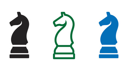 Chess Knight Icon Set: A trio of stylized chess knight pieces in black, green, and blue, presented as distinct icons on a clean background, representing strategy and game elements. © Itz Buddha 