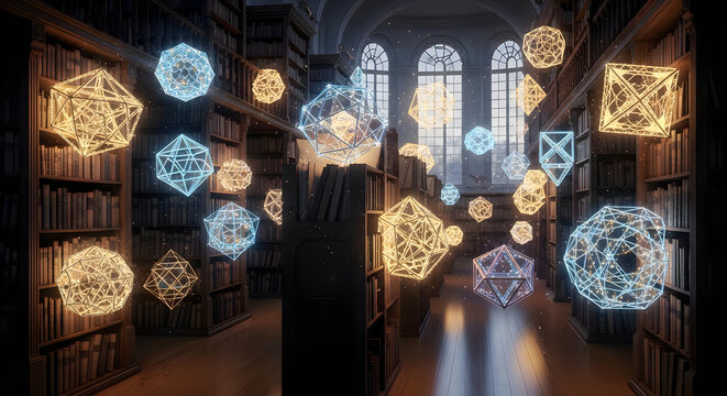 A magical library setting celebrating teachers day with glowing geometric ornaments floating amidst tall wooden bookshelves and light