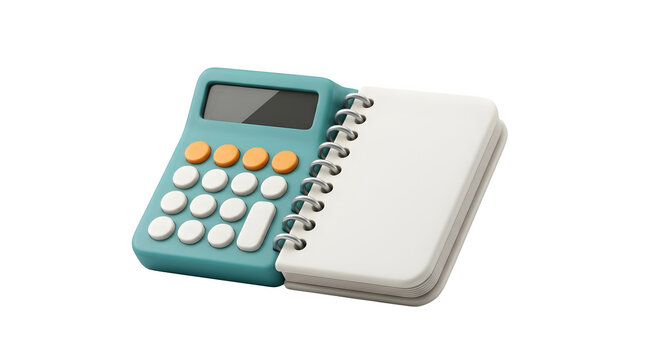 3d illustration of a teal calculator attached to a spiral notebook isolated on transparent background