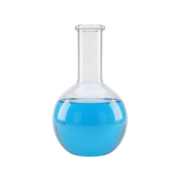 A roundbottom laboratory flask filled with blue liquid isolated on transparent background