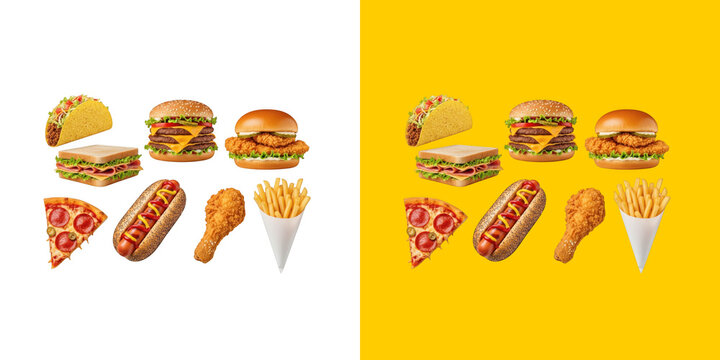 Assorted fast food items including burger taco pizza and fried chicken png