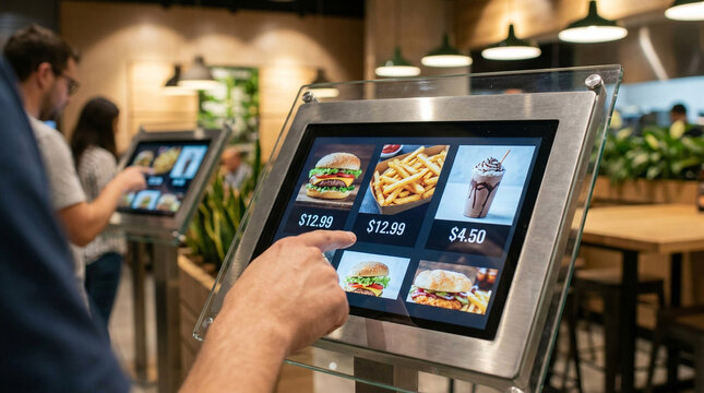 Ordering kiosk screen displays fast food menu items inside a modern restaurant.