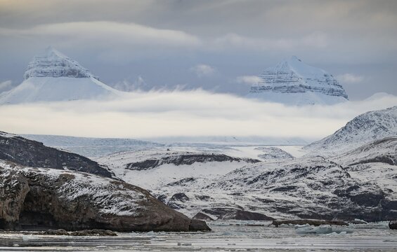 Two of the three mountains: Tee Kroner (Three Crowns), Kronebreen or Kronengletscher Glacier, Kongsfjord or Kongsfjorden, the Svalbard archipelago, Svalbard, Norway
