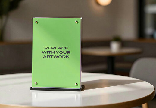 Template, Vertical acrylic sign holder mockup with placeholder card on a white round table in modern caf&eacute; interior natural light, design, presentation
