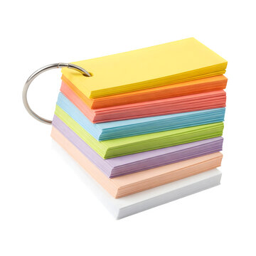 A stack of colorful index cards held together by a metal ring isolated on transparent background