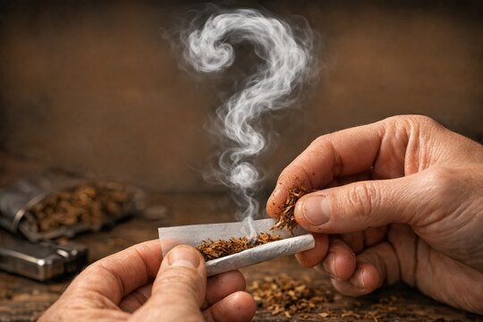 A person holding a cigarette with smoke coming out of it, useful for illustration about addiction or lifestyle