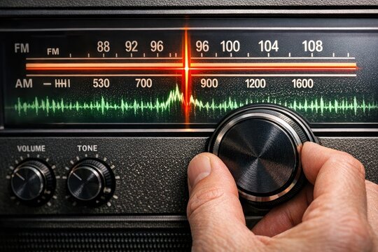 A person presses the knob on an old-fashioned radio, focusing on the detail