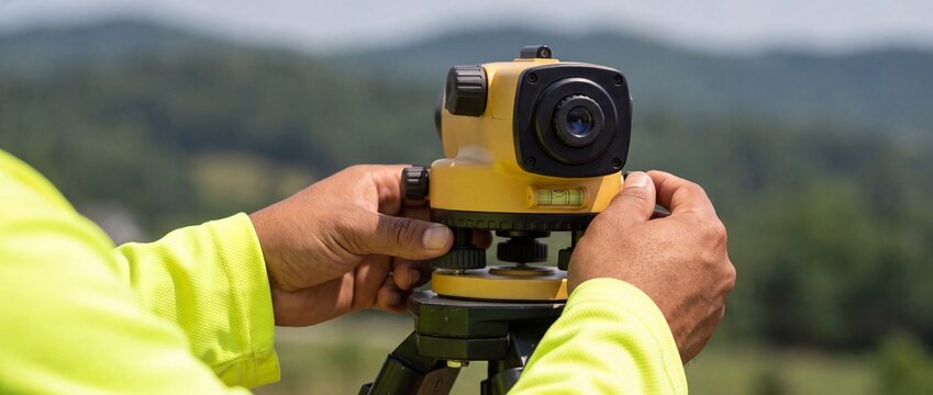 Professional surveyor adjusting optical level instrument outdoors for precise land measurement with natural landscape background visibility jacket adjusting