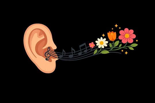 A human ear with musical notes emerging from the opening, suitable for use in illustrations about music, education, and creativity