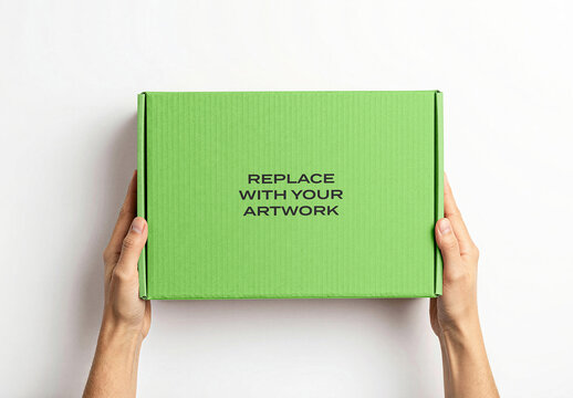 Template, corrugated cardboard box mockup held by hands against white background for packaging presentation branding and product display with copy space label or text