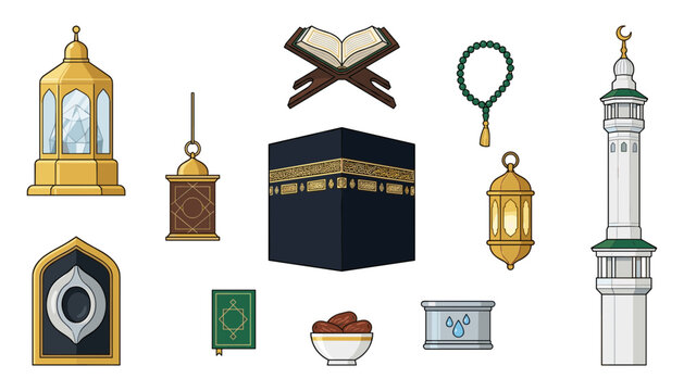 Islamic Hajj and Ramadan Vector Element Collection Featuring Holy Kaaba Holy Quran Mosque Minaret Lanterns Zamzam Water Tasbih and Black Stone Illustrations