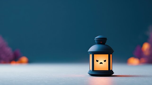 A lantern with menacing eyes glows in a dark festive setting, featuring a triadic color scheme. Flat design with a ghostly theme.