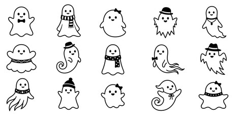 Fototapeta premium A collection of cute hand drawn ghost characters wearing various accessories like hats scarves and bows isolated on a plain white background