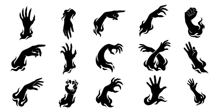 Set of black silhouettes of zombie hands reaching out from the ground with fire like flames isolated on a white background for