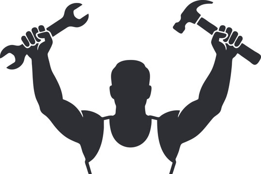 Strong worker silhouette holding hammer and wrench, muscular handyman with construction tools, industrial repairman vector icon, labour day.