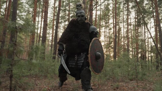 Armored figure moves forward through dense pine forest holding round shield with red detail and weapon ready, while low viewpoint, sunset rim light, and dark woodland setting create dramatic tension