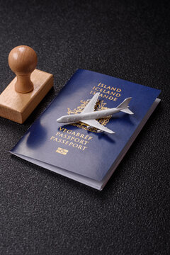 Iceland, Icelandic passport or id document with tickets for flight, travel. Icelandic passport