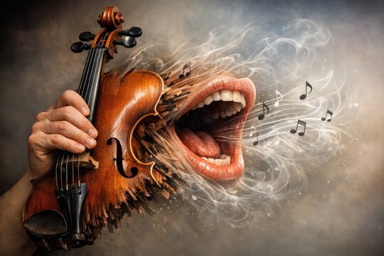Close-up of a person holding a violin with musical notes and staff visible