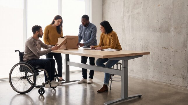 Inclusive design team with wheelchair users testing a prototype