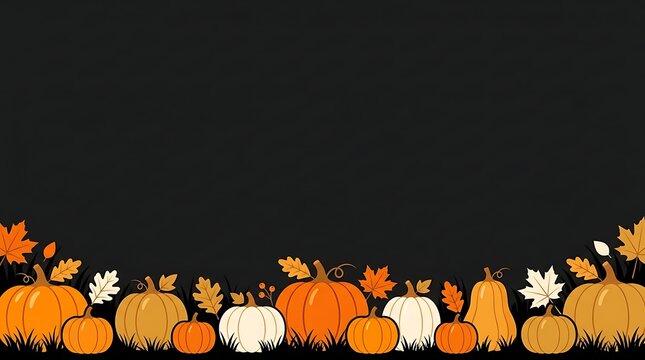 Autumn pumpkin border on black background for halloween and thanksgiving