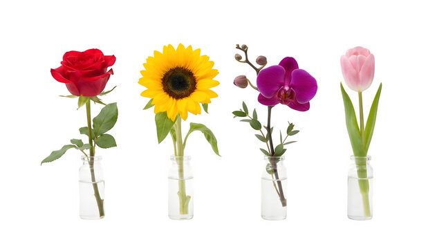 Four different flowers in glass vases isolated on transparent background