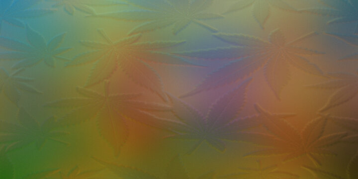 Embossed cannabis leaves glass texture with vibrant colorful light haze.