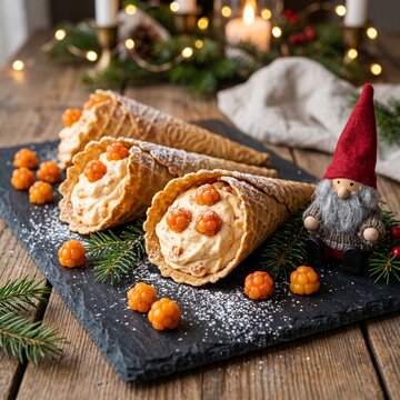 Gourmet Krumkake Cones Filled with Cloudberry Multekrem on Slate Board