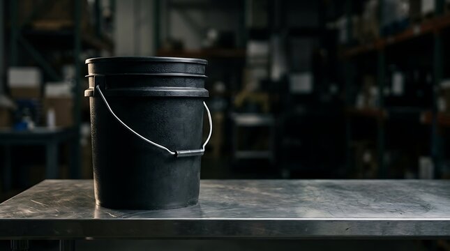 A single empty 5 galon black plastic industrial bucket with a sturdy metal handle placed on a polished metallic work table in a dark warehouse setting.