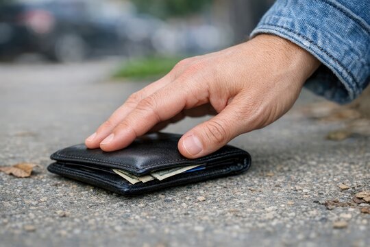 A person is seen holding a wallet on the ground, potentially lost or abandoned