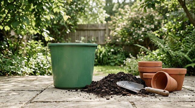 A green 5 galon bucket sitting on a stone patio next to a small pile of dark potting soil and terracotta clay pots for a spring gardening project setup
