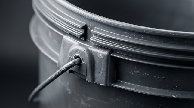 A close-up view of the rim and handle attachment point of a gray 5 galon plastic bucket, showcasing industrial design and utility for home storage