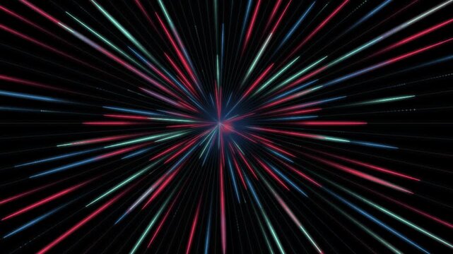 Neon light speed warp effect abstract background, with glowing streaks