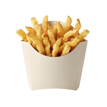 A serving of golden, crispy crinklecut french fries in a plain white paper carton isolated on transparent background