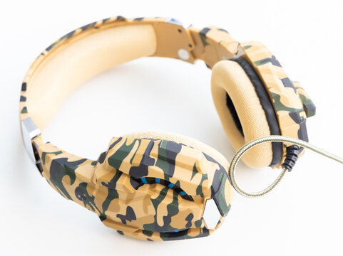 Camouflage Gaming Headphones with Braided Cable on White Background