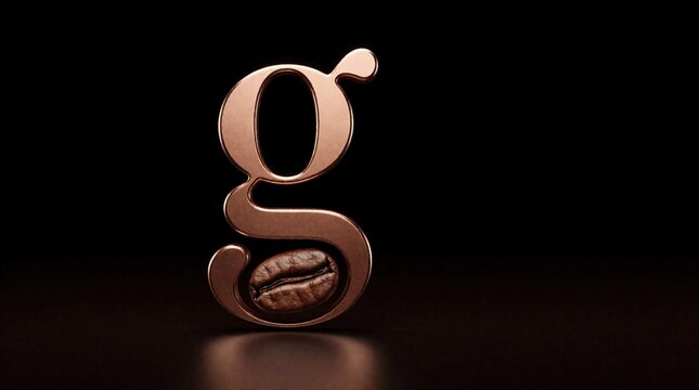 Lowercase letter g logo with coffee bean inside. Elegant metallic alphabet graphic represents cafe brand identity. Modern symbol for coffee shop business.