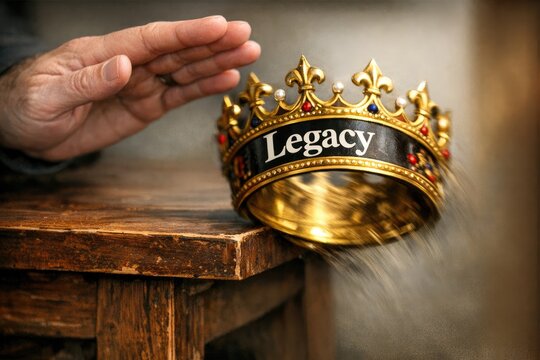 A person holds a gold crown on a wooden table, possibly for a ceremonial or royal purpose