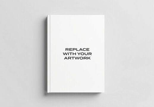 Hardcover book mockup with placeholder text displayed vertically on a neutral surface, clean minimalist design for cover presentation, print media publishing template, vertical layout