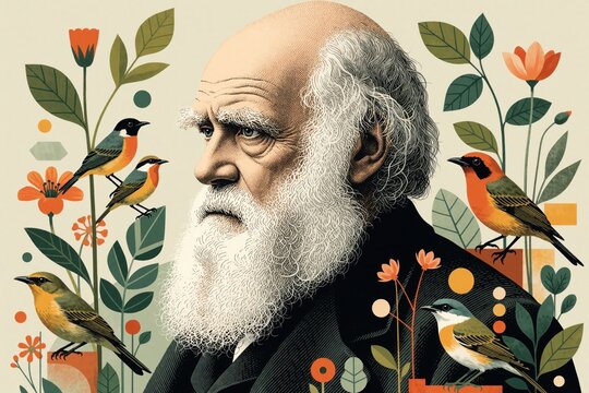 Charles Darwin portrait with birds and plants. Famous scientist studies evolution, natural selection, biology. Scientific illustration style, vintage look, great for education and history.