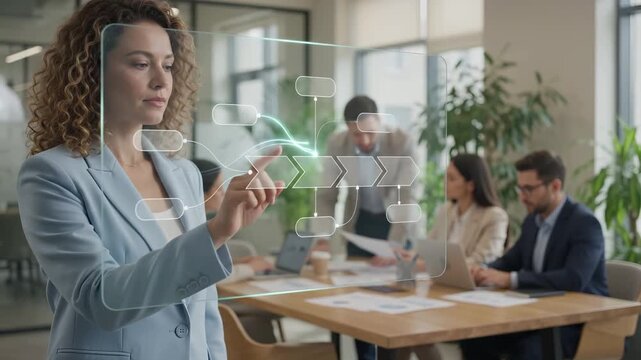 Businesswoman interacts with a virtual workflow process diagram in a modern office. Automation and management strategy for corporate operations. Professional teamwork, digital technology and business