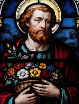 Detailed stained glass window portrait of Saint Fiacre. Bearded holy man holds basket with colorful spring flowers. Religious catholic art features bright colors, halo, intricate glass work inside