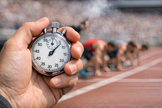 A person holds a stopwatch in their hand, ready to start or stop timing