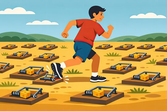 A person attempting to navigate through a treacherous field filled with mouse traps, great for scenarios where characters need to overcome obstacles or flee from danger