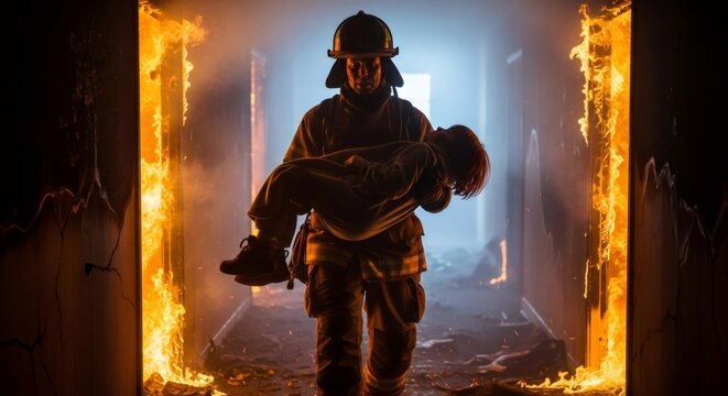 Firefighter carrying a kid to safety in a burning building. Rescue mission by fireman saving child during emergency. Heroic act for fire safety.