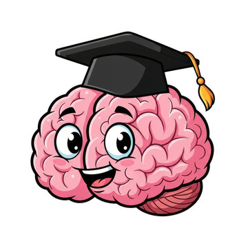 Happy cartoon brain wearing a graduation cap isolated on transparent background