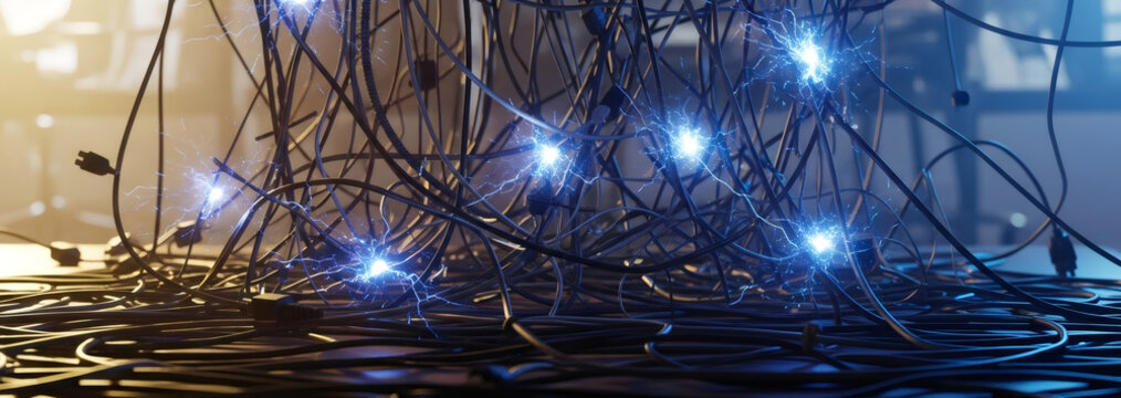 Messy tangle of electrical cables sparking with short circuit. Dangerous faulty wire causing fire hazard. Concept of electrical malfunction, overload, power surge, and safety issue. Banner with copy