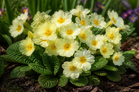 Cluster of pale yellow primrose flowers in garden bed