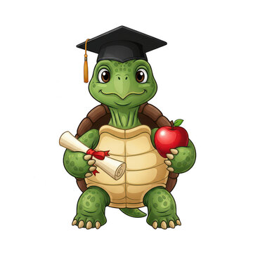Cute turtle wearing graduation cap holding scroll and apple isolated on transparent background