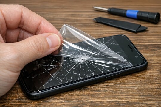 A person holding a broken cell phone on a table, ready for repair or replacement